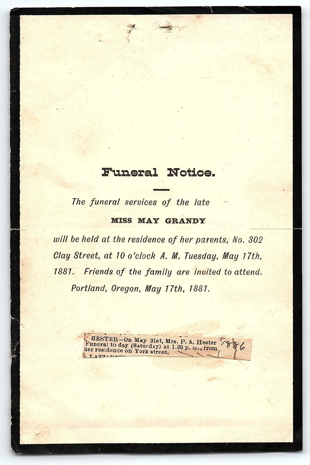 1881 PORTLAND OREGON FUNERAL NOTICE MISS MAY GRANDY AT PARENTS RESIDENCE Z5220