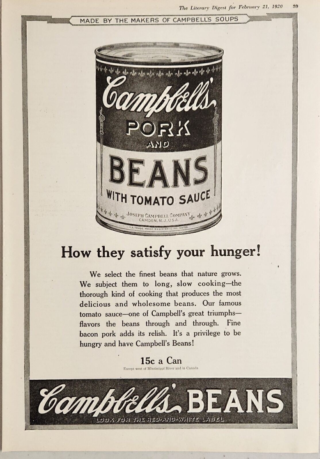 1921 Print Ad Campbell\'s Pork and Beans 15 cents a Can Satisfy Your Hunger