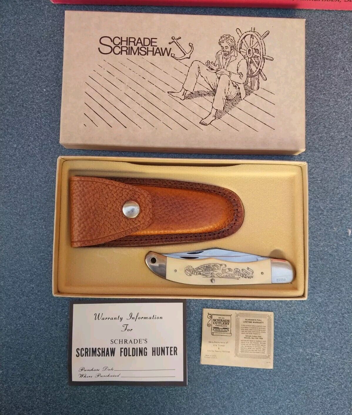 Vintage Schrade Scrimshaw (Eagle/ Mayflower) 261SC 2 Blade Hunter Made USA NOS