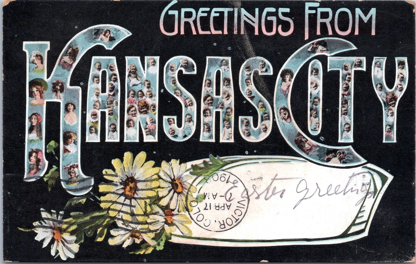 Large Letter Greetings, Kansas City, Missouri- 1908 Posted Postcard- Faces