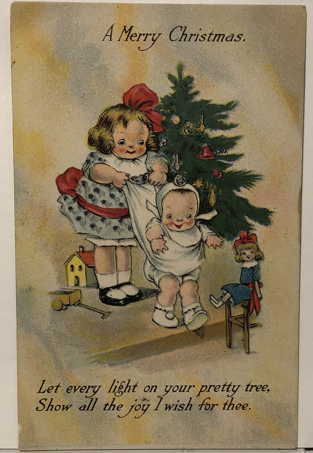 Postcard Merry Christmas Kids Playing With Toys 1920s Postard Clean Unposted