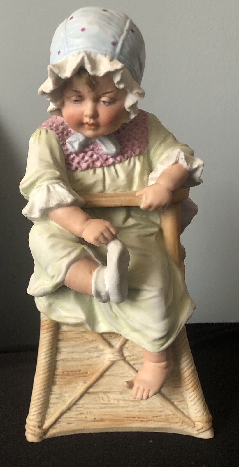 German Heubach Bisque Baby in High Chair 10 1/4”