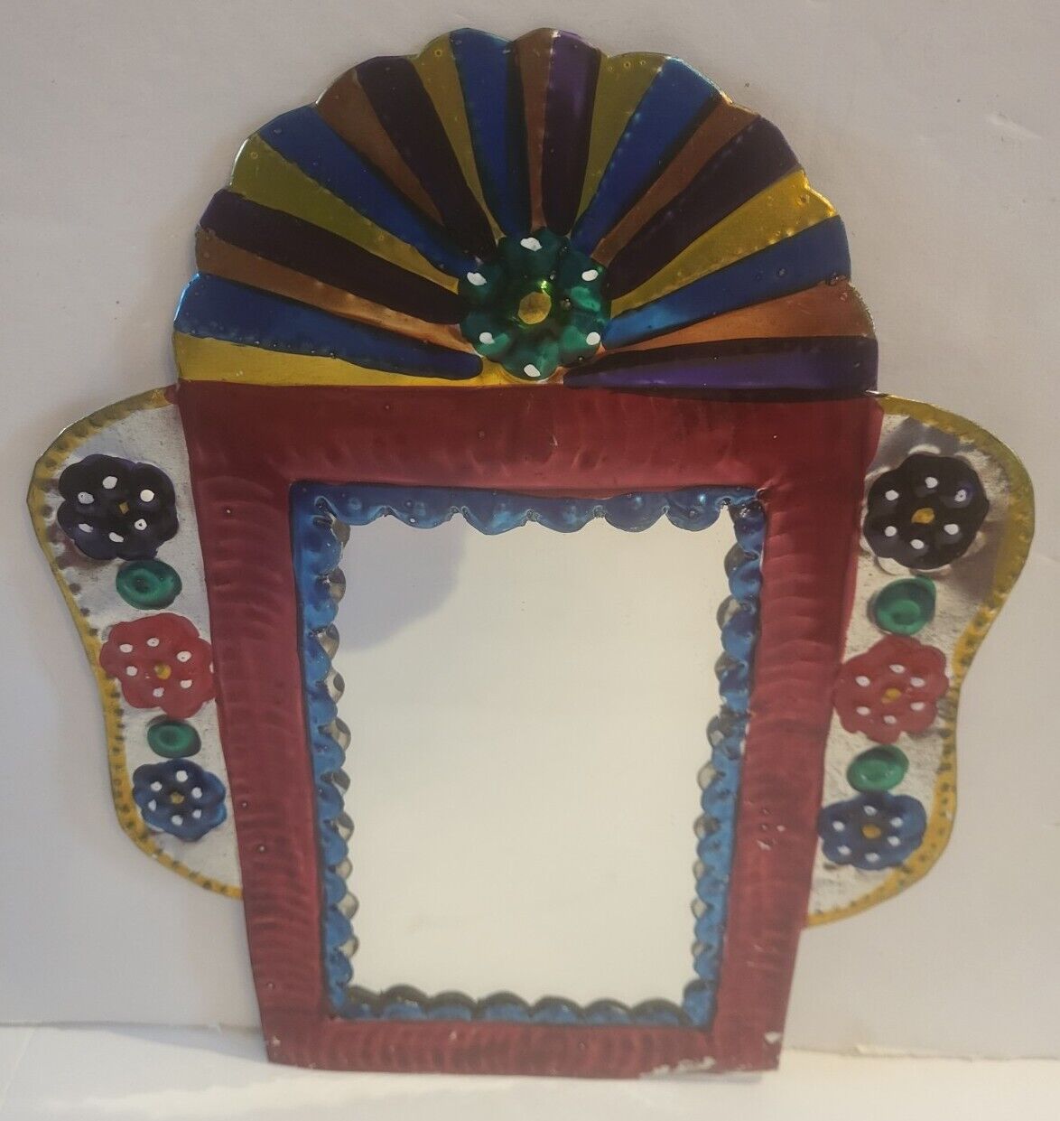 BEAUTIFUL VINTAGE MEXICO EMBOSSED TIN ART MIRROR PICTURE FRAME FANCY COLORFUL