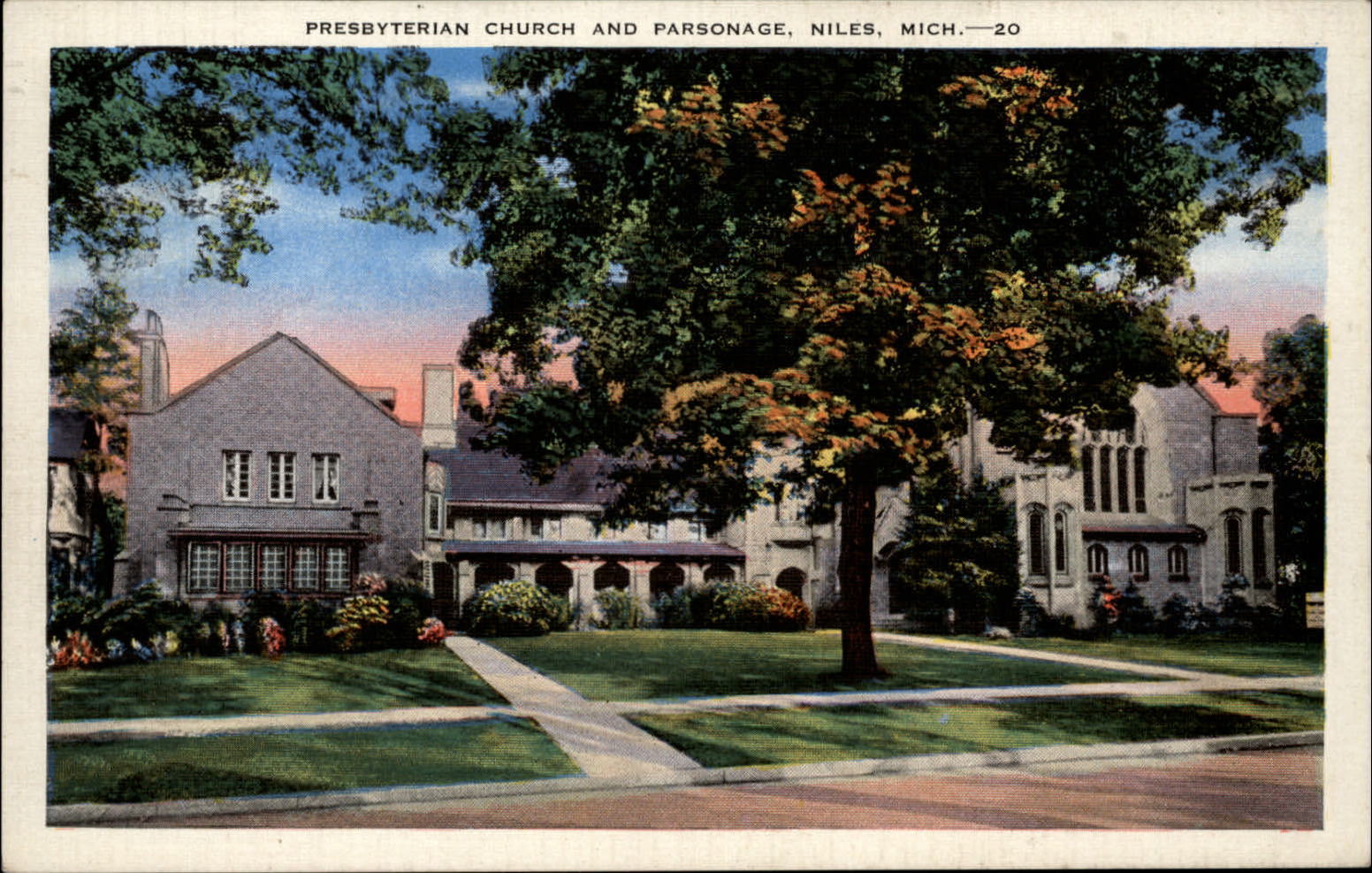 Presbyterian Church & Parsonage ~ Niles Michigan ~ vintage postcard mailed 1943