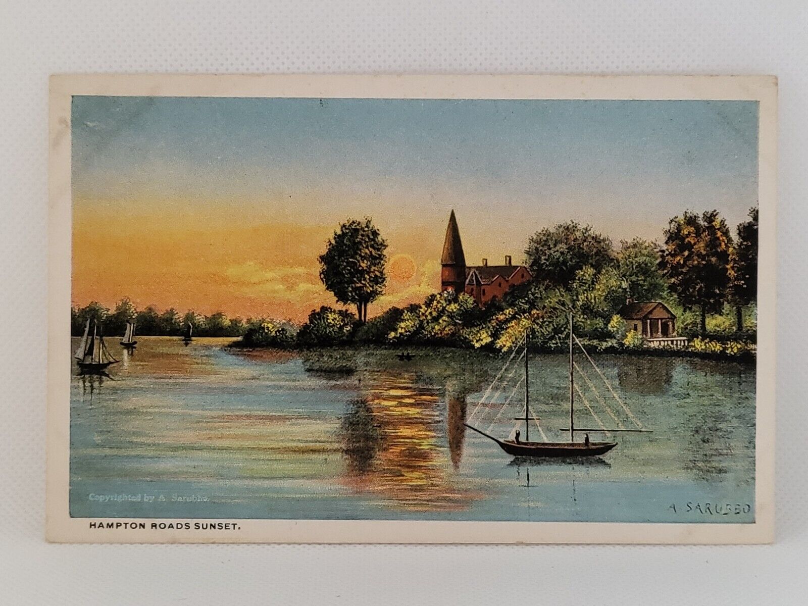 Postcard Hampton Roads Sunset Virginia Ships Boats Painting by A. Sarubbo