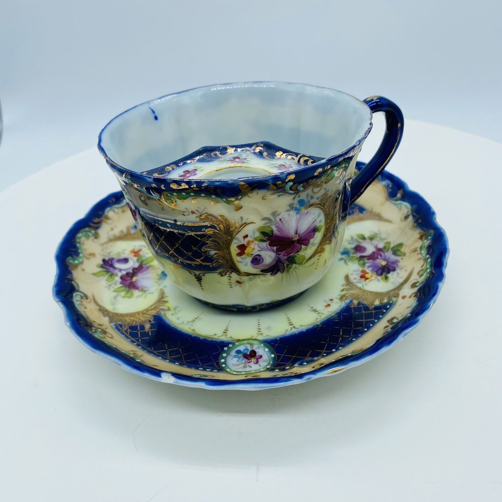 Antique Royal Nippon moustache cup with saucer Cobalt Blue Floral Porcelain