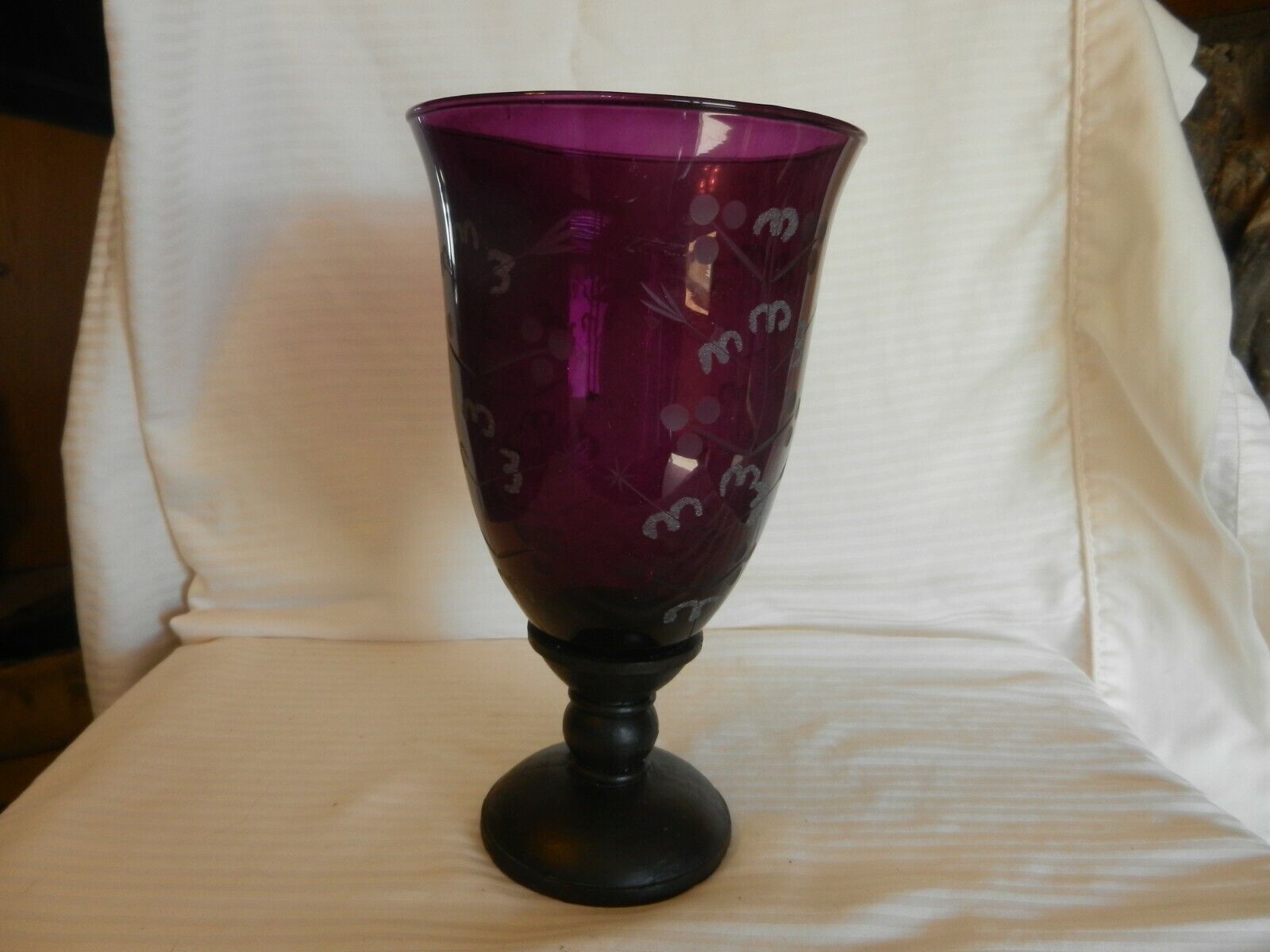 Large Purple Glass On Resin Stand With White Etching Candy Jar 10.75\