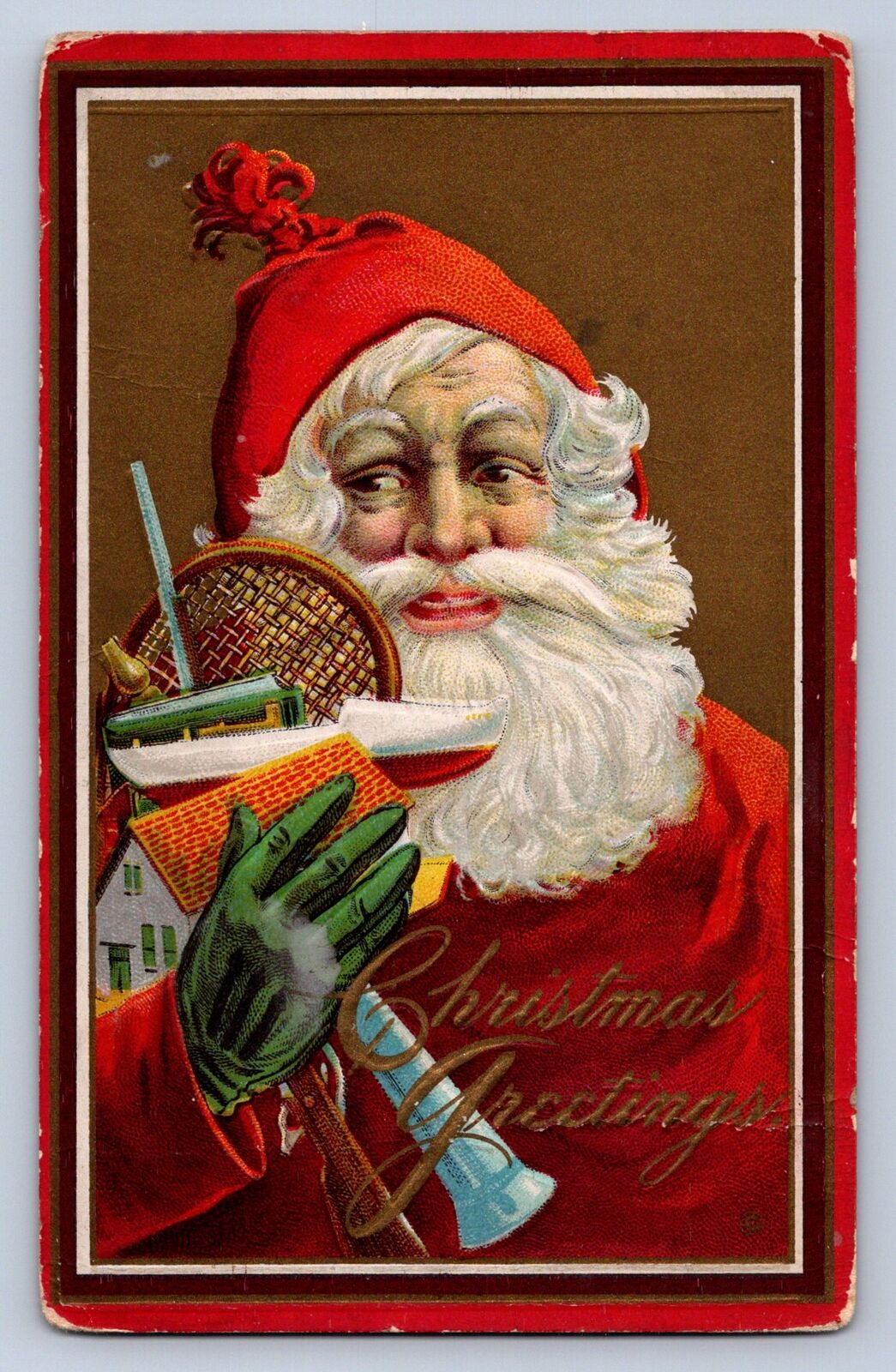 J99/ Santa Claus Christmas Postcard c1910 Tennis Racket Toys Gloves 403