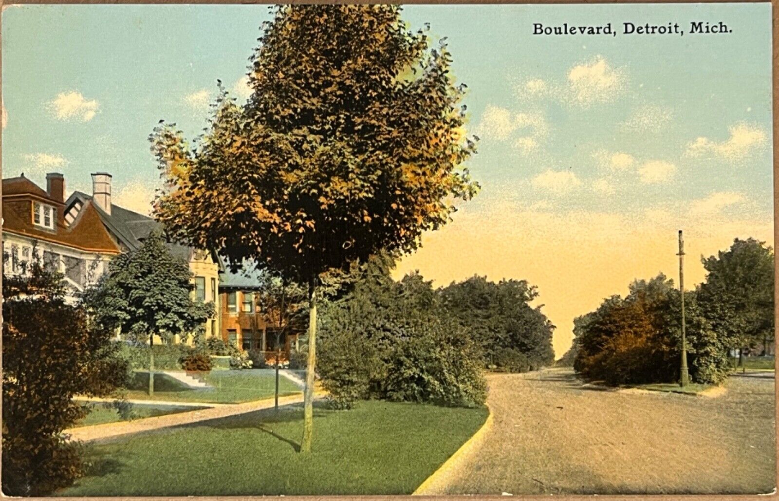 Detroit Michigan Boulevard Residential Street Antique Postcard c1910