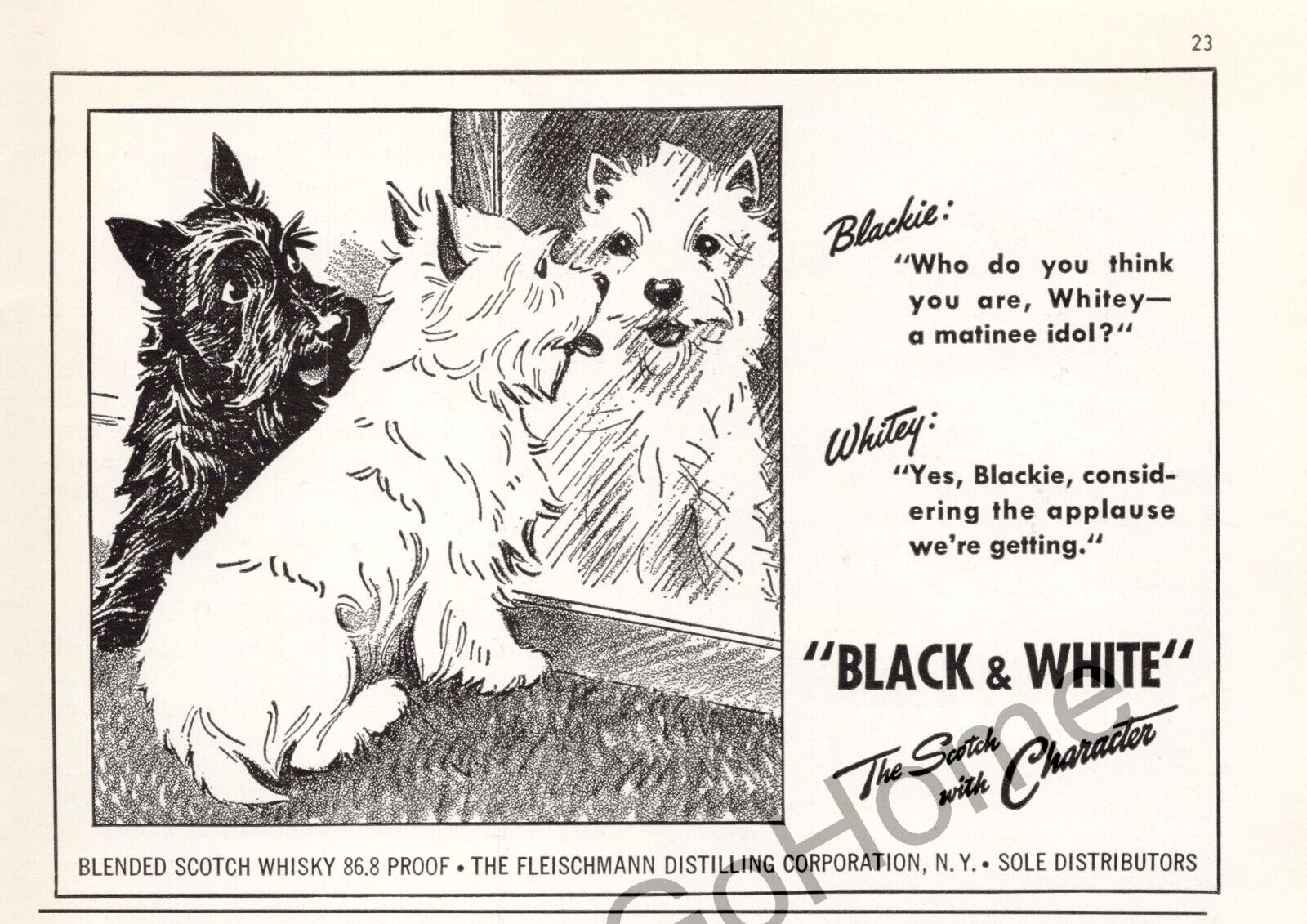 Black and White the Scotch with Character Blended Whiskey Blackie Whitey Ad 1950