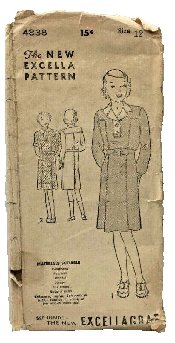 1930s Excella Sewing Pattern 4838 Girls Dress 2 Sleeve Lengths Size 12 Antq 5255