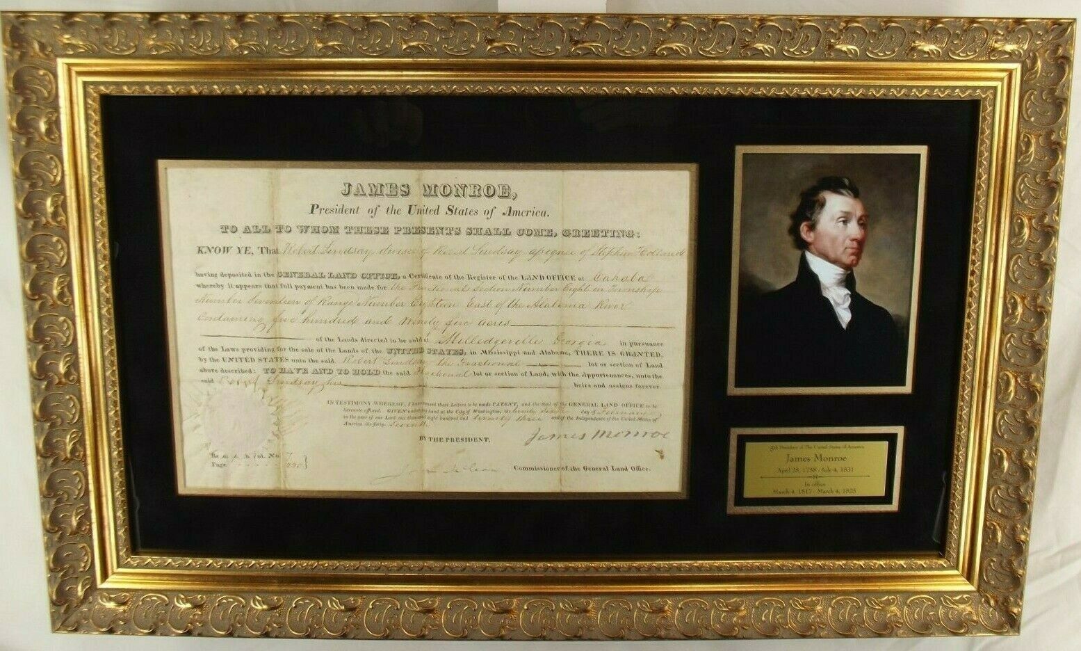James Monroe 5th President United States Autograph Land Grant 1823 Display PSA