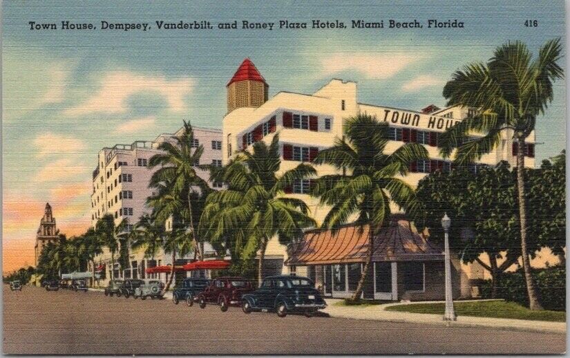 MIAMI BEACH, Florida Postcard Collins Avenue / Hotel Row - Tichnor Linen c1950s