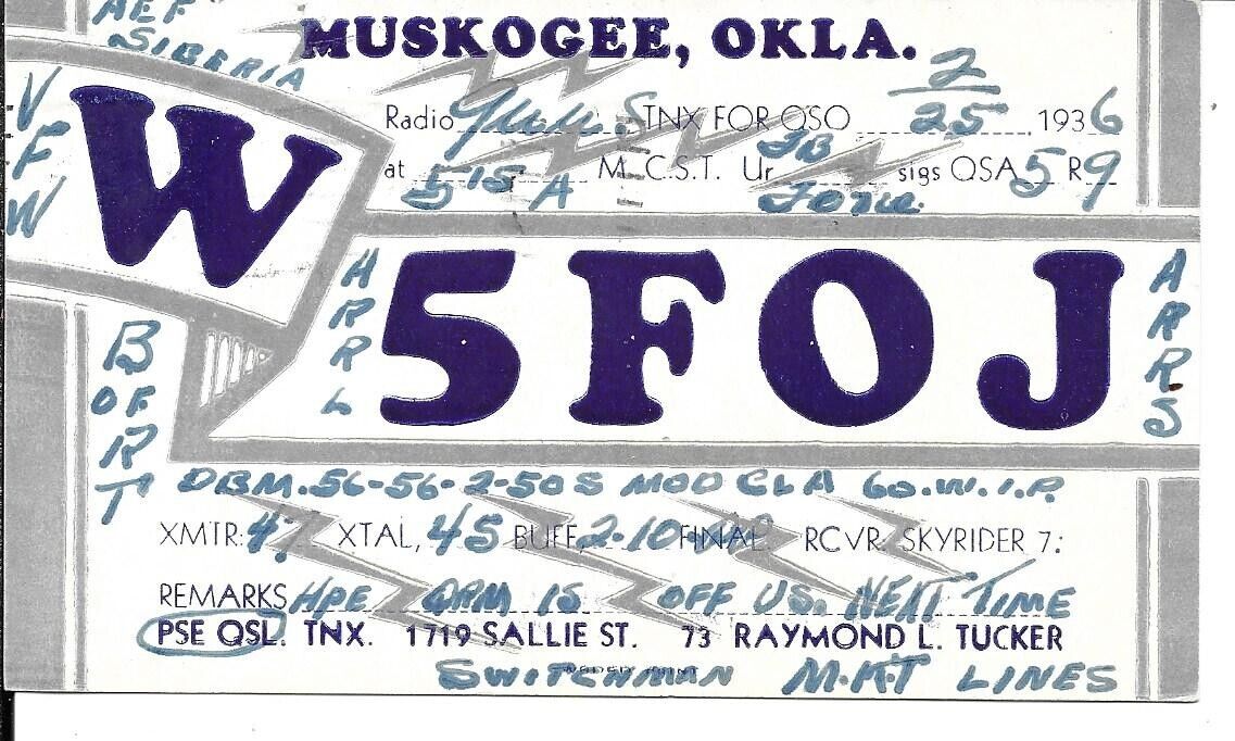 QSL  1936 Muskogee Oklahoma   radio card