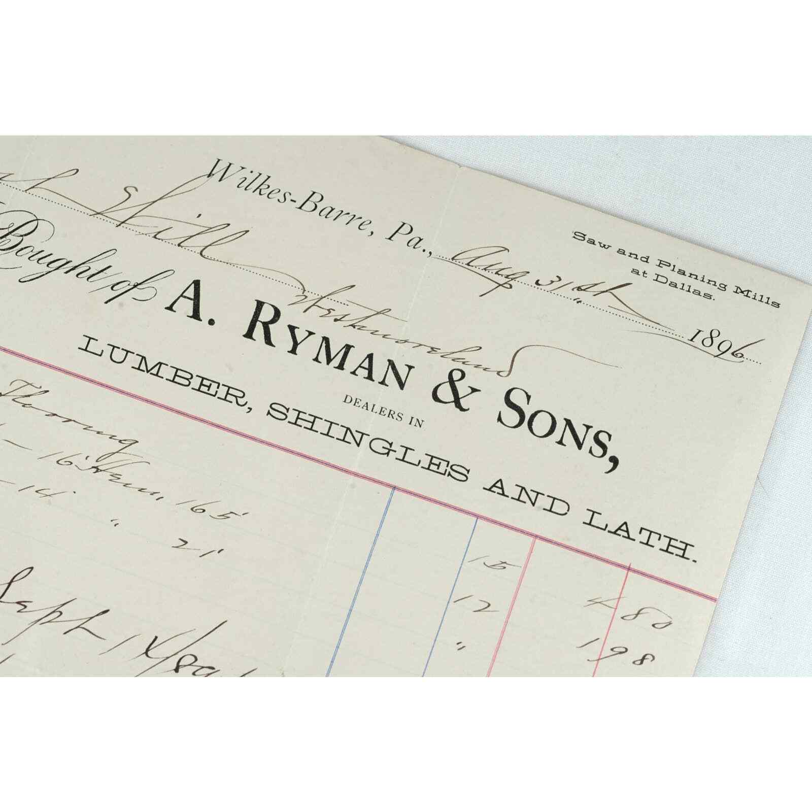1896 A, Ryman & Sons, Wilkes-Barre Pa Lumber Yard, Saw Mill Letterhead