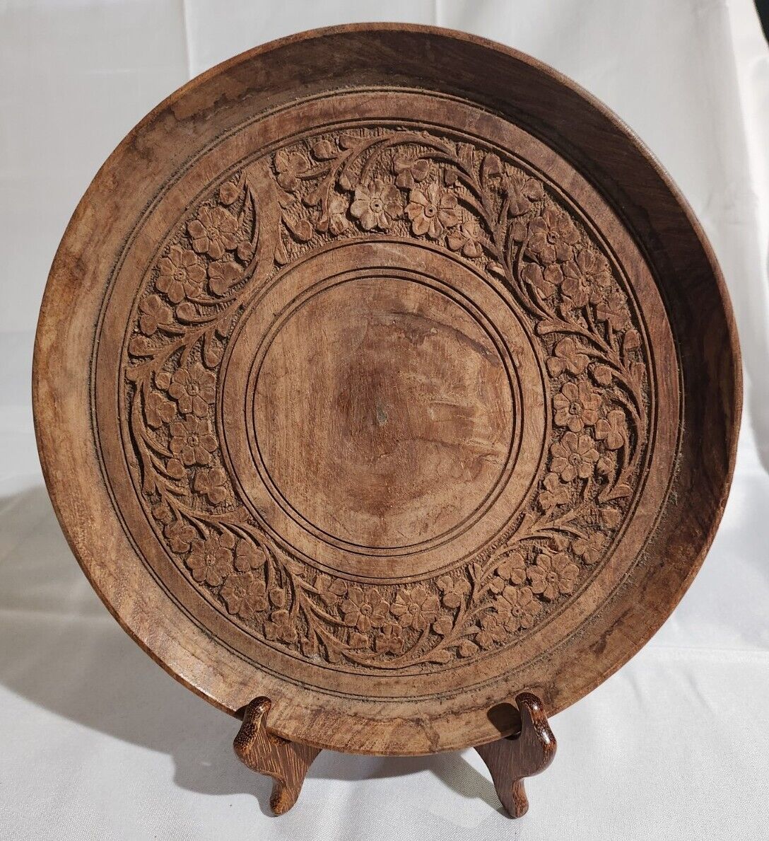 Archana HandiCrafts Carved Large Wood Plate Tray Decor India 12