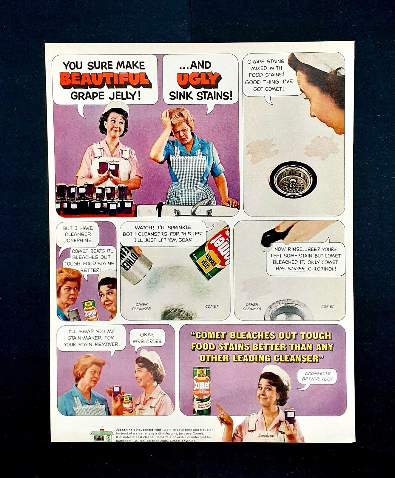Comet kitchen cleaner ad Josephine the plumber vtg 1968 original advertisement