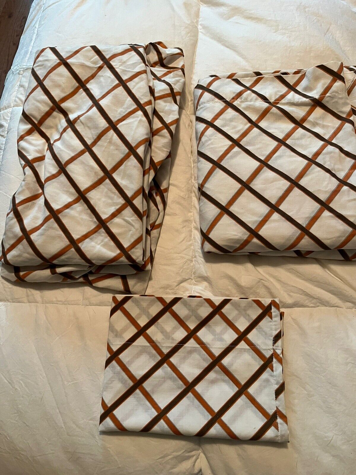 Vintage Cannon WestPoint Queen Sheet Set 1 Pillowcase Brown Plaid Made In USA