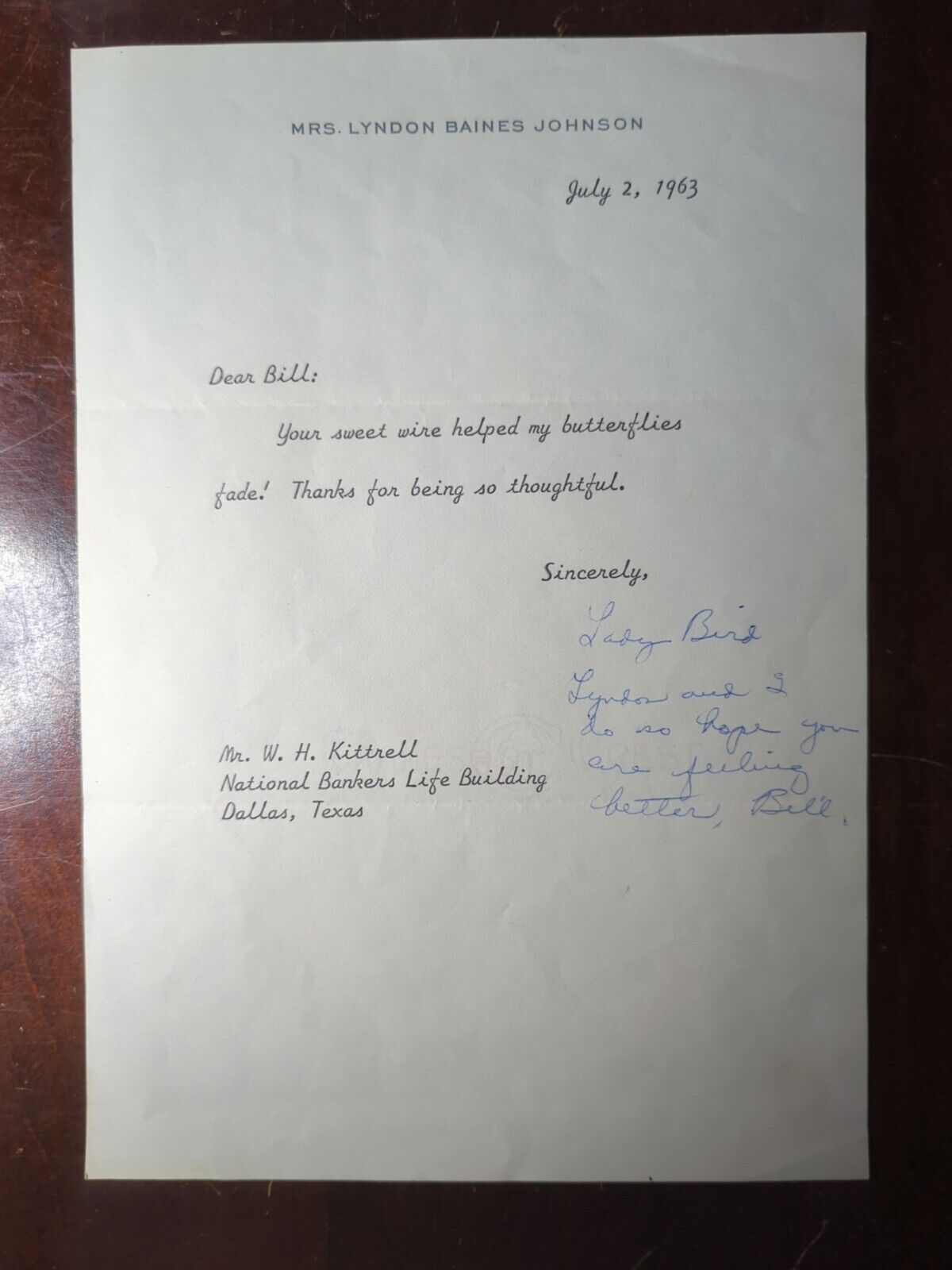 LADY BIRD JOHNSON - TYPED LETTER SIGNED With Personal Note 1963