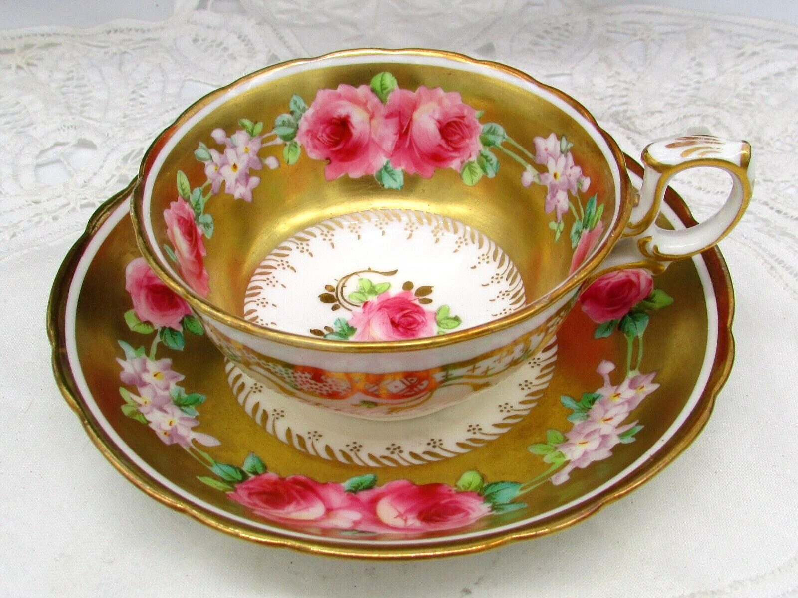 ADDERLEY ANTIQUE HAND PAINTED PINK ROSES HEAVY GOLD GILT DEMITASSE CUP & SAUCER