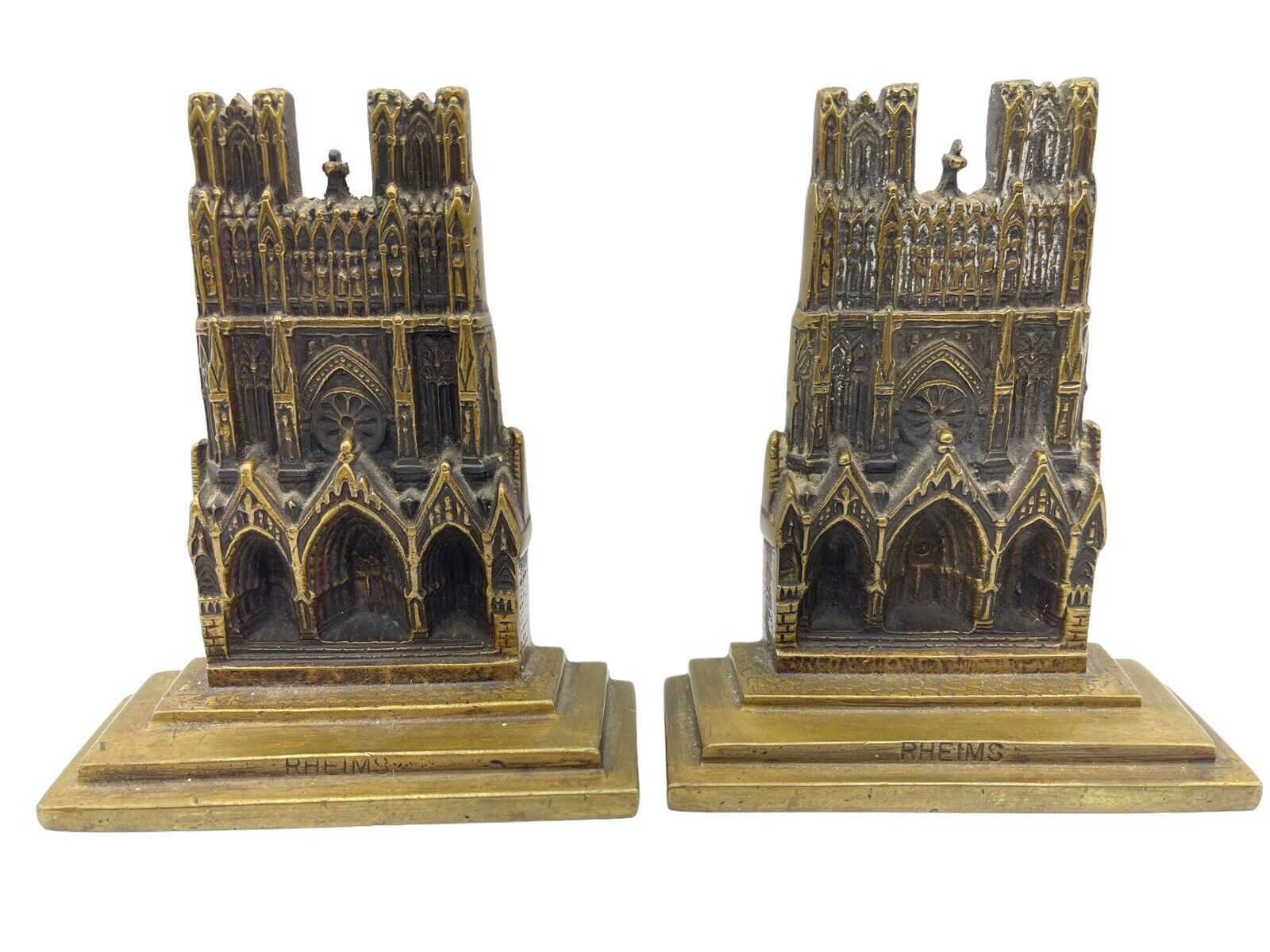 2 Notre Dame Reims Cast Iron Metal 5” BookEnds Gothic Cathedral Paris Rheims
