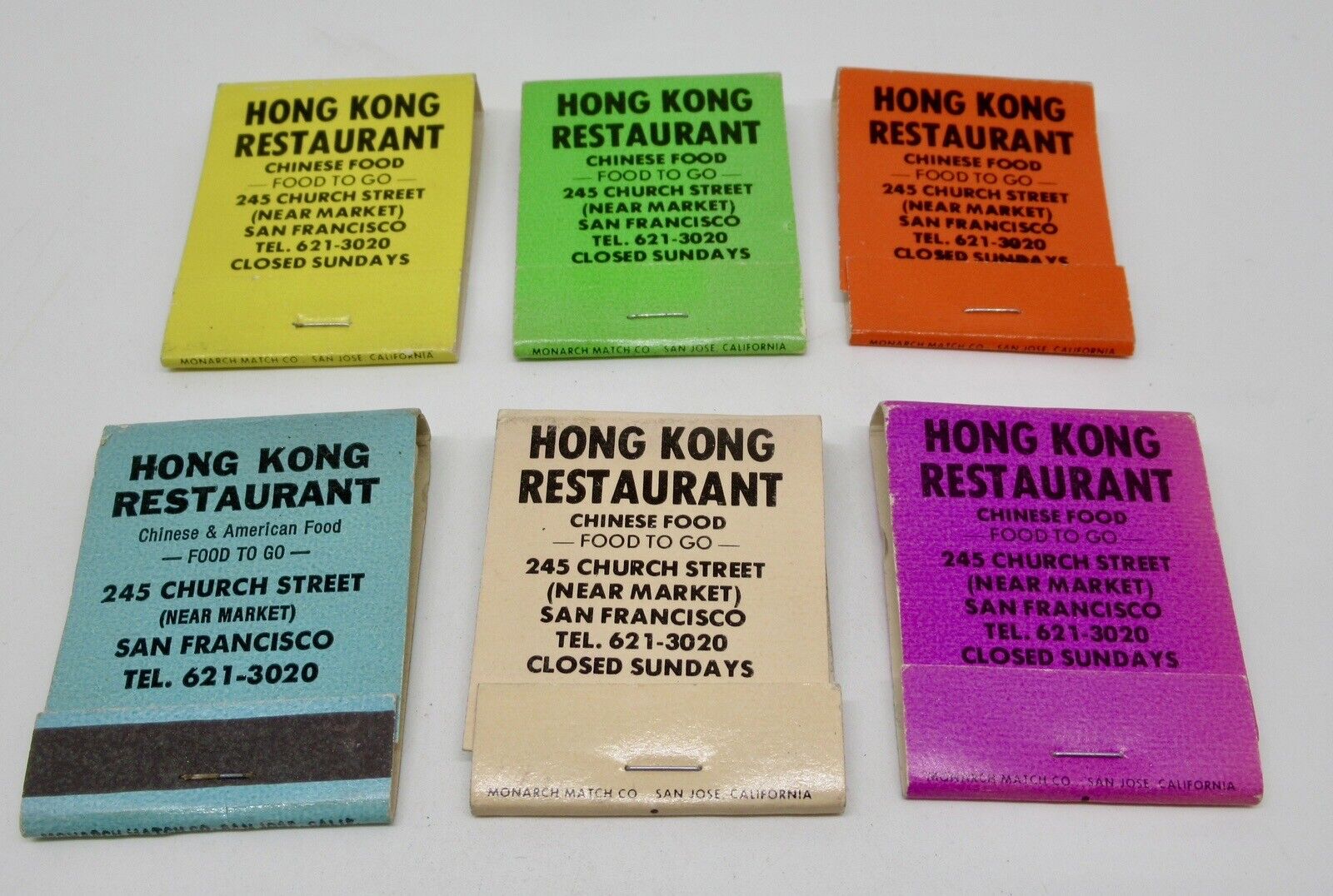 Hong Kong Chinese Restaurant SAN FRANCISCO 245 Church St of Six (6) Matchbook\'s