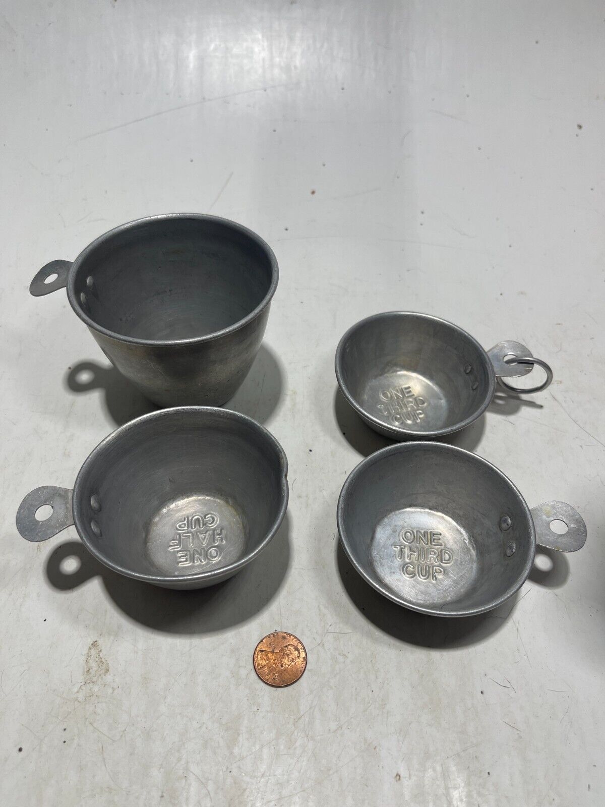 (4) Aluminum Measuring Cups 1950\'s VTG Original One , Half , (2) One Third Cups
