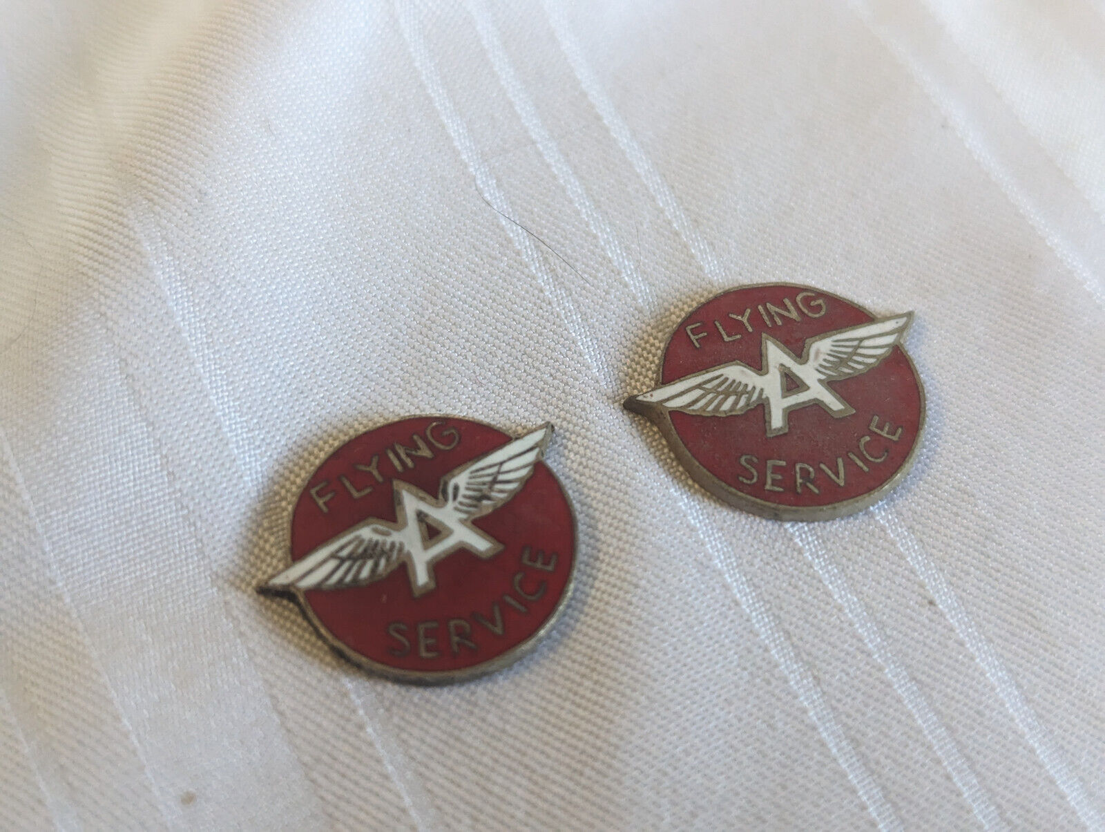 Vintage 2 Flying A Service pin tops oil gas red white enamel pin top .75\