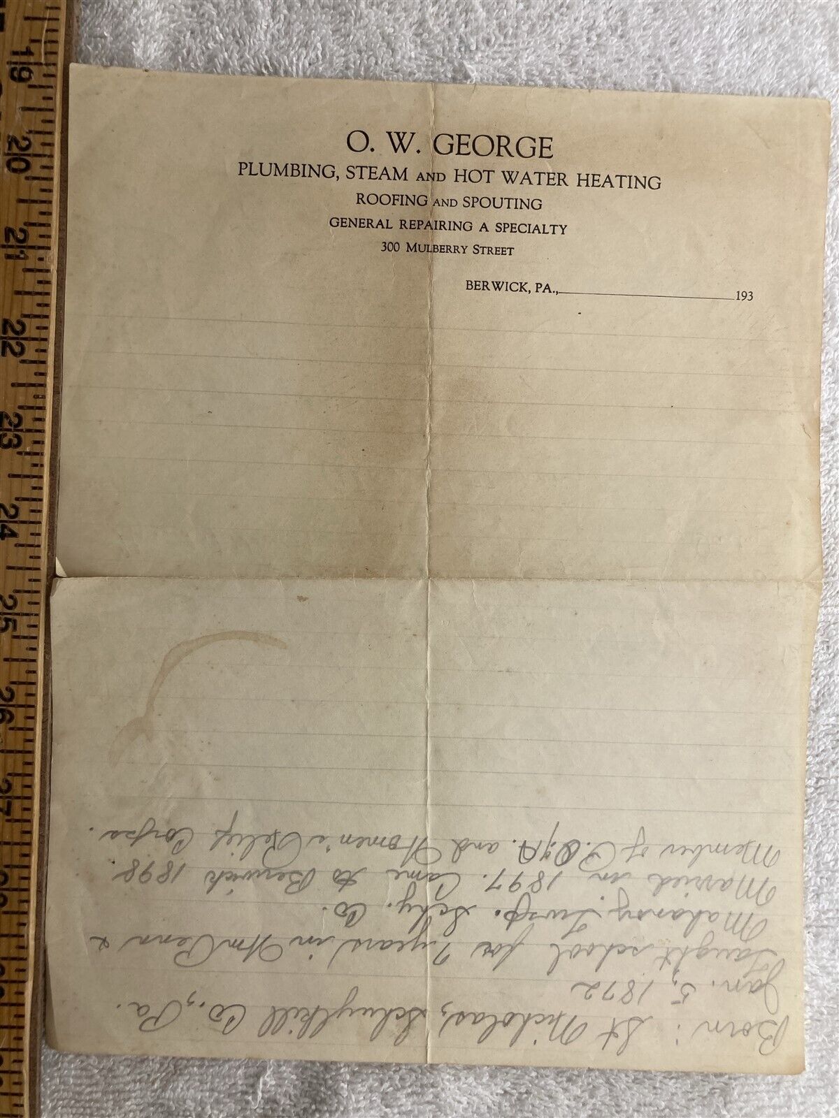 1930s O.W. George Plumbing Steam Hot Water Bill Head Berwick PA Family History