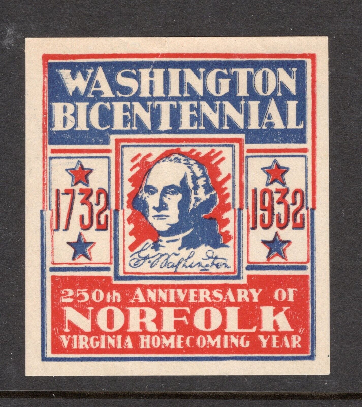 1932 NORFOLK VA WASHINGTON BICENTENNIAL POSTER STAMP
