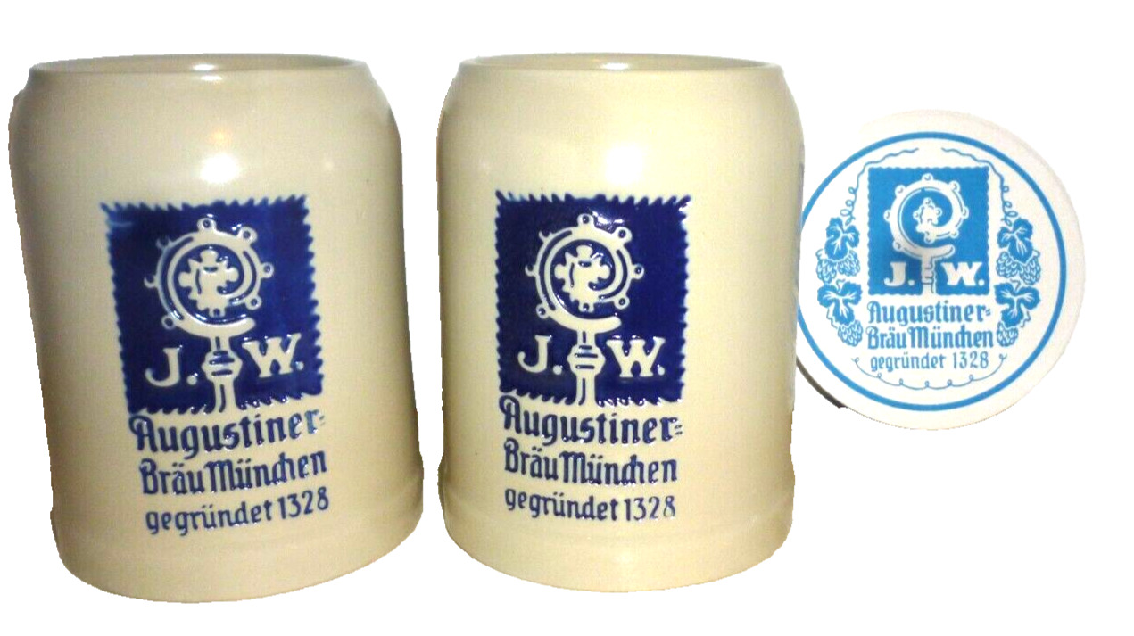 2 Augustiner Brau Munich salt-glazed German Beer Steins  & Coasters