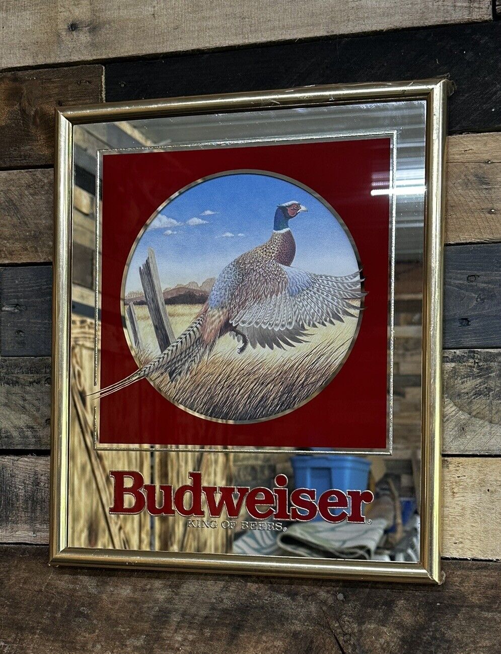 Budweiser ‘King Of Beers’ Bird Hunting Pheasant Gold Bar Mirror 14”x17”