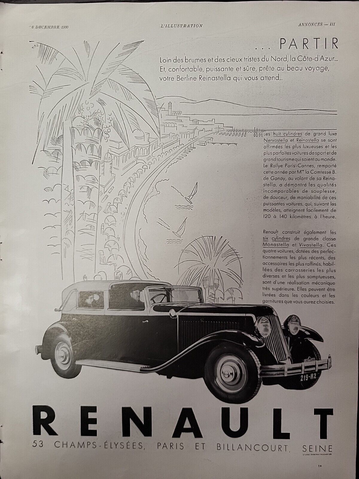 Renault Nervastella Reinastella 1930 L\'illustration Magazine Print Ad FRENCH