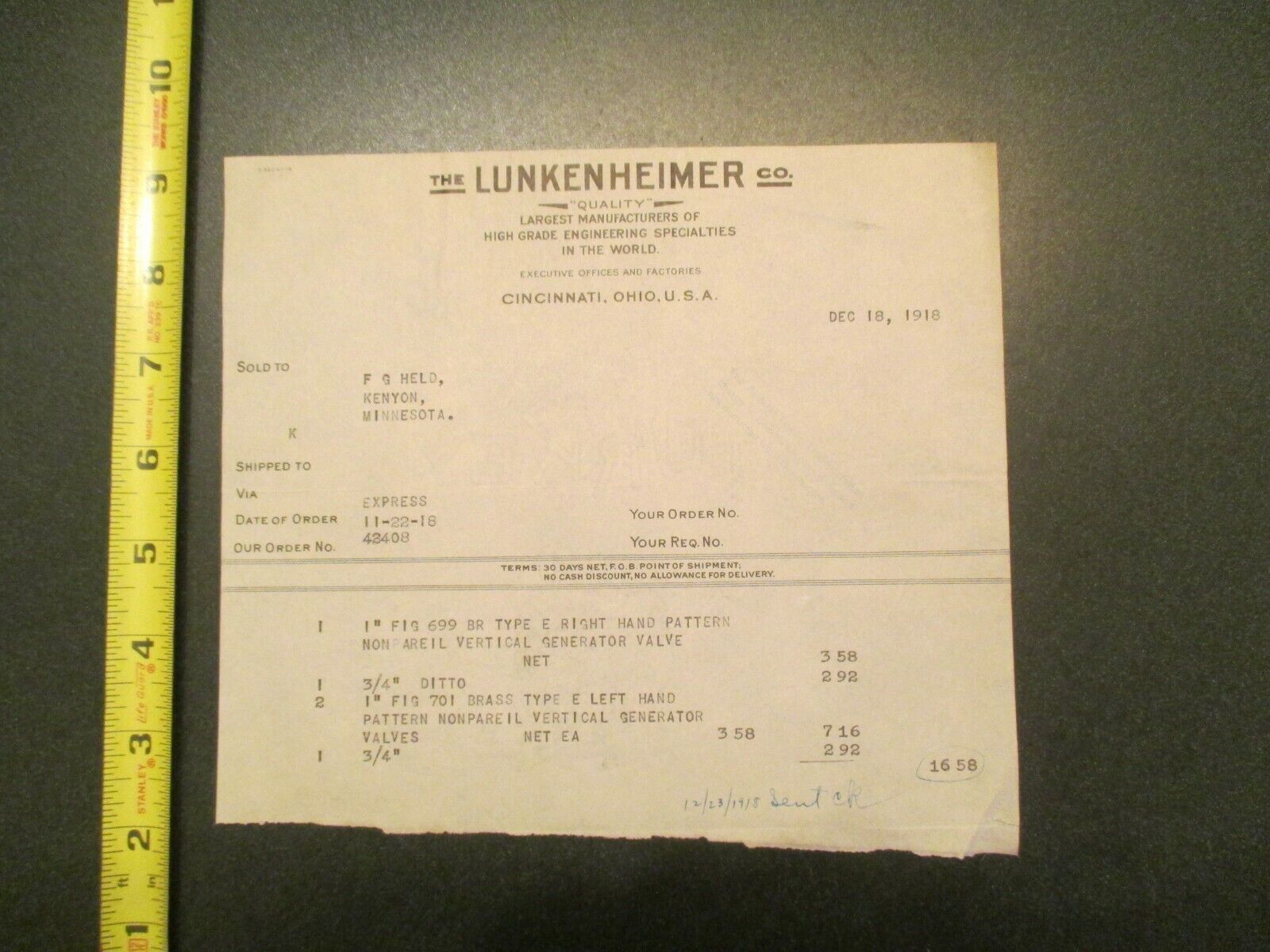 Lunkenheimer co Ohio OH 1918 invoice Letterhead 1088