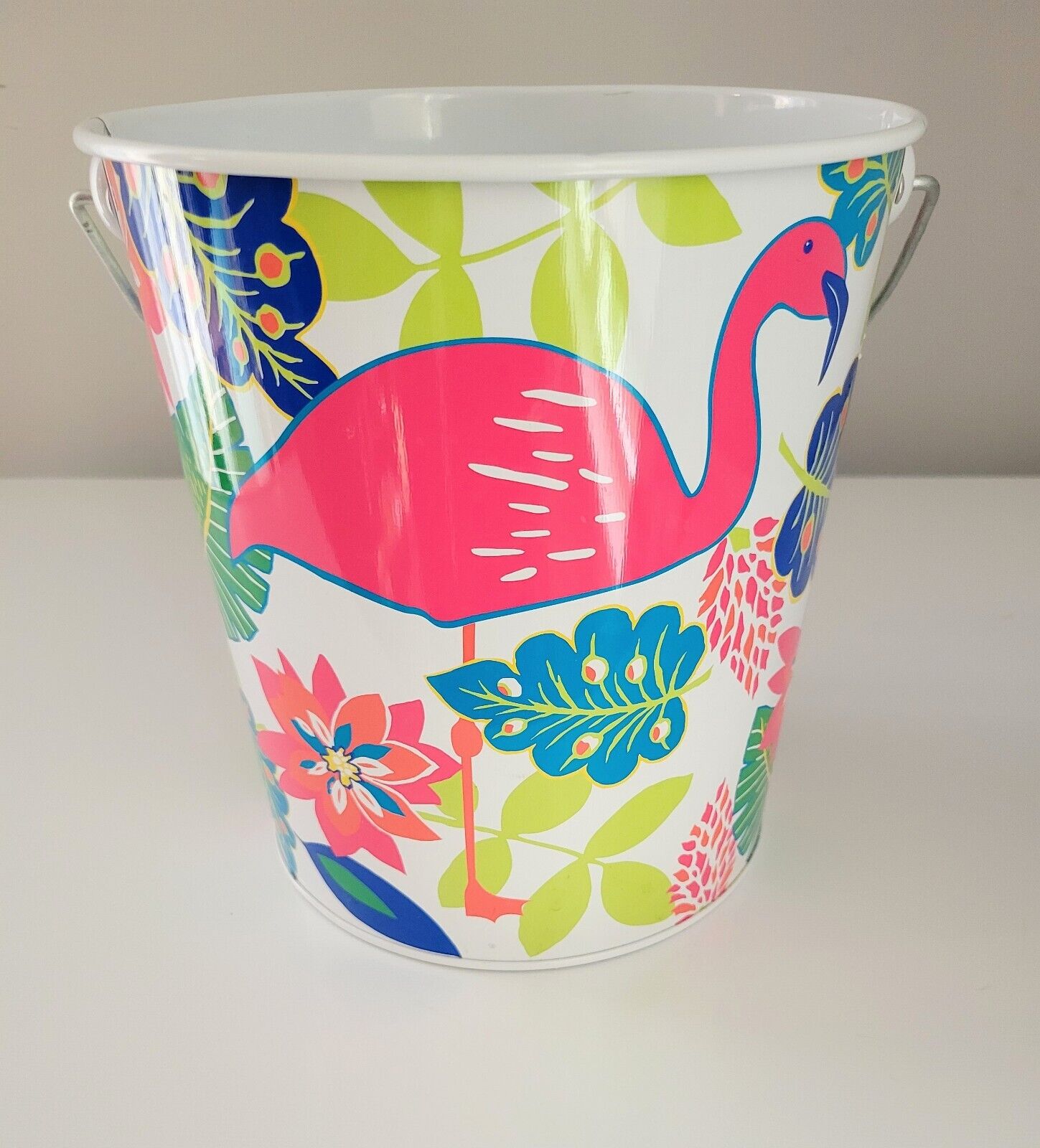 Tropical Pink Flamingo Metal Ice Bucket with Wooden Handle, Indoor/Outdoor