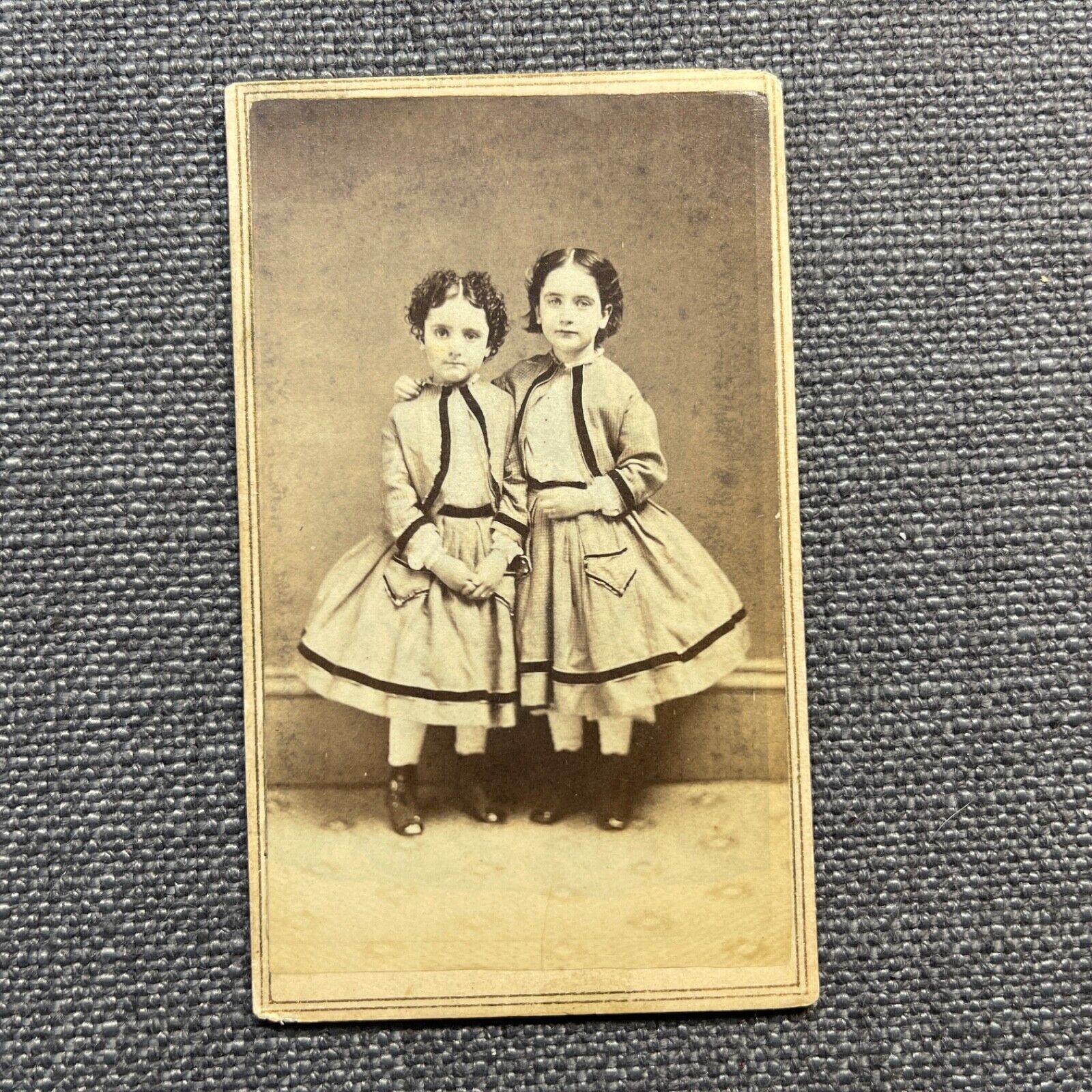 CDV Photo Antique Portrait Two Girls in Hoop Skirt Fashion Dresses Connecticut