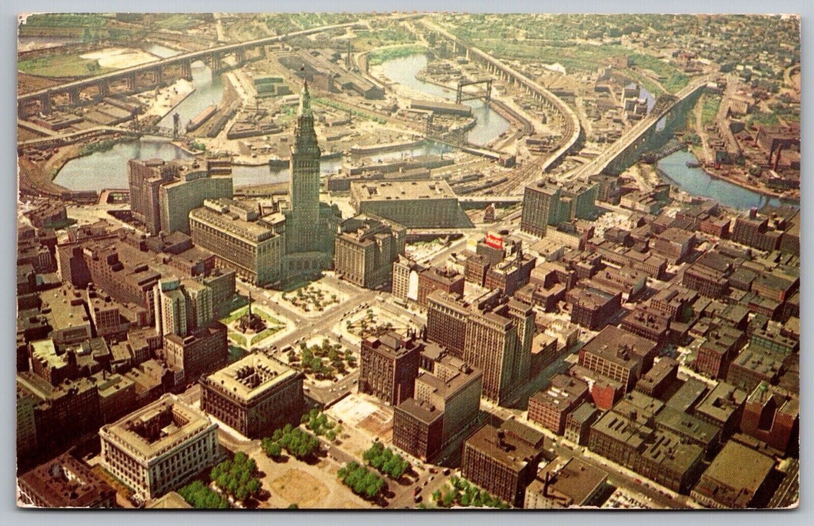 Aerial View Downtown Cleveland Ohio Terminal Tower Group WOB VNG PM Postcard