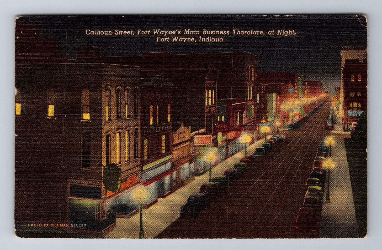 Fort Wayne IN-Indiana, Calhoun Street, Aerial At Night, Vintage c1955 Postcard