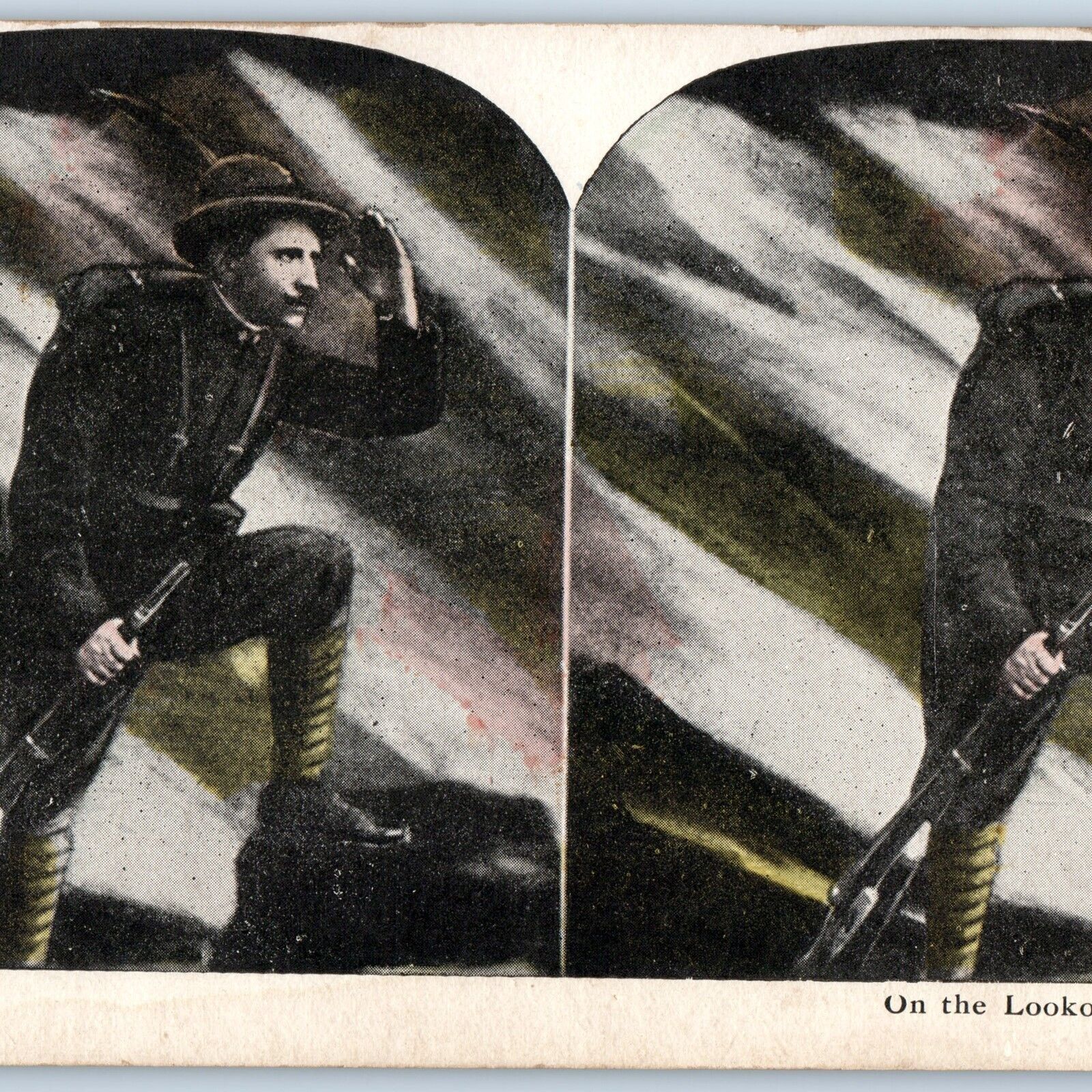 c1910s WWI Military Soldier Warrior on Lookout Stereoview Art Illustration V34