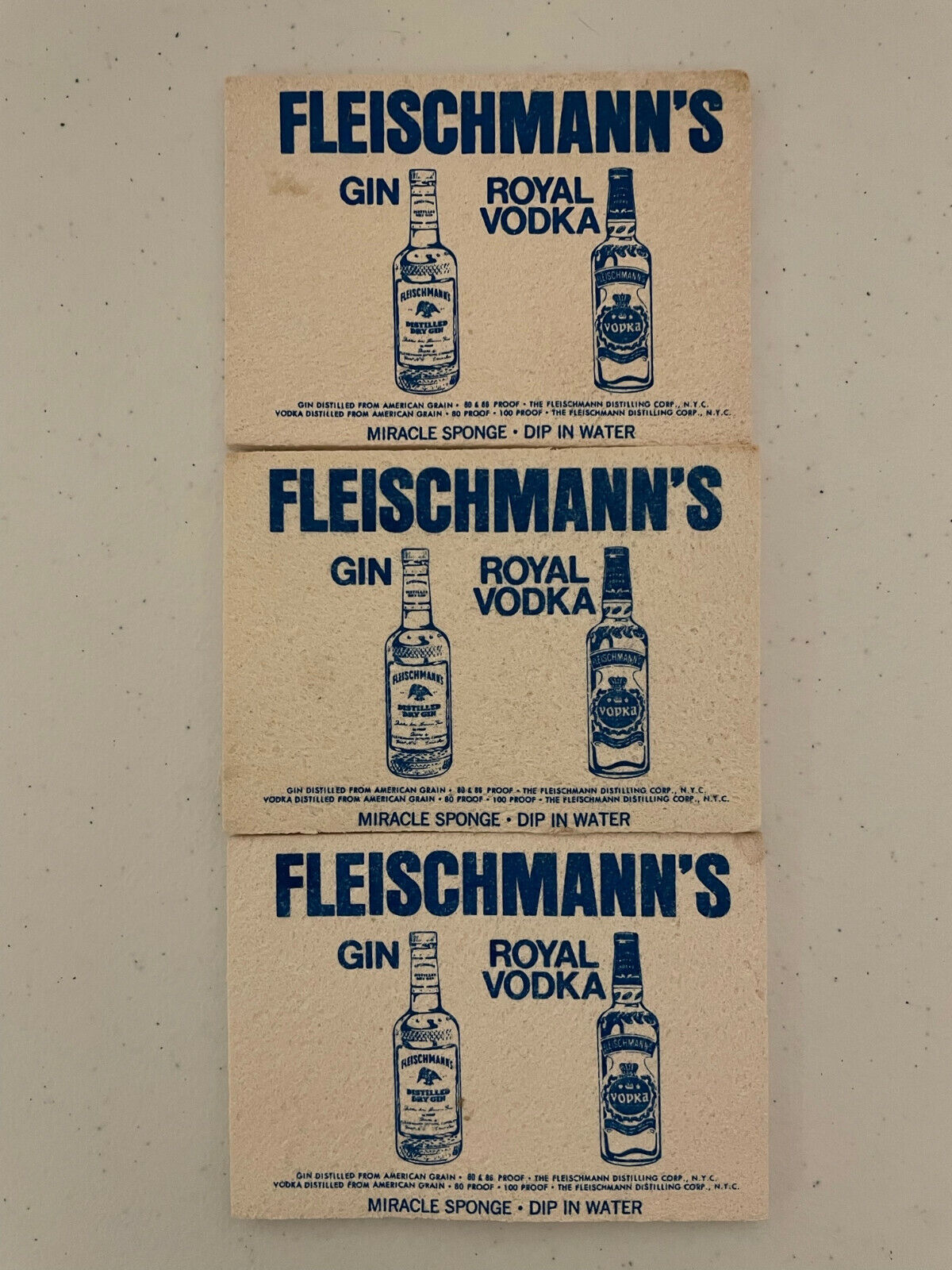 Fleischmann\'s Gin Royal Vodka 3 RARE sponge miracle promo bar advertising grow