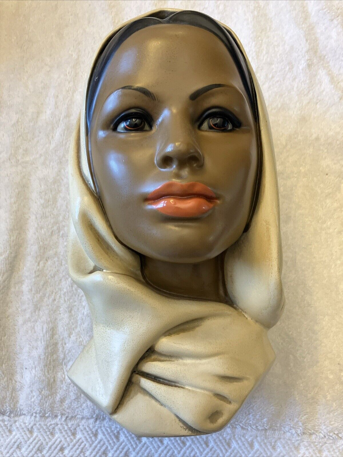 Vintage Marwal Chalkware Woman Head Bust Woman Wearing a Hijab MCM 10-in Display