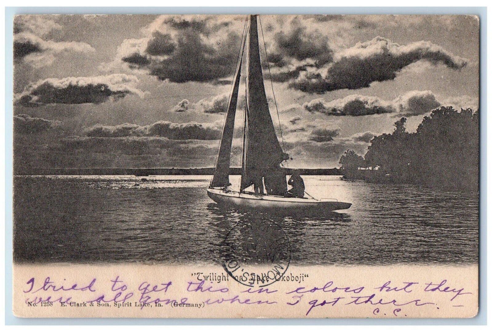 1906 Twilight Night Sailboat Scene On Lake Okoboji Arnolds Park Iowa IA Postcard