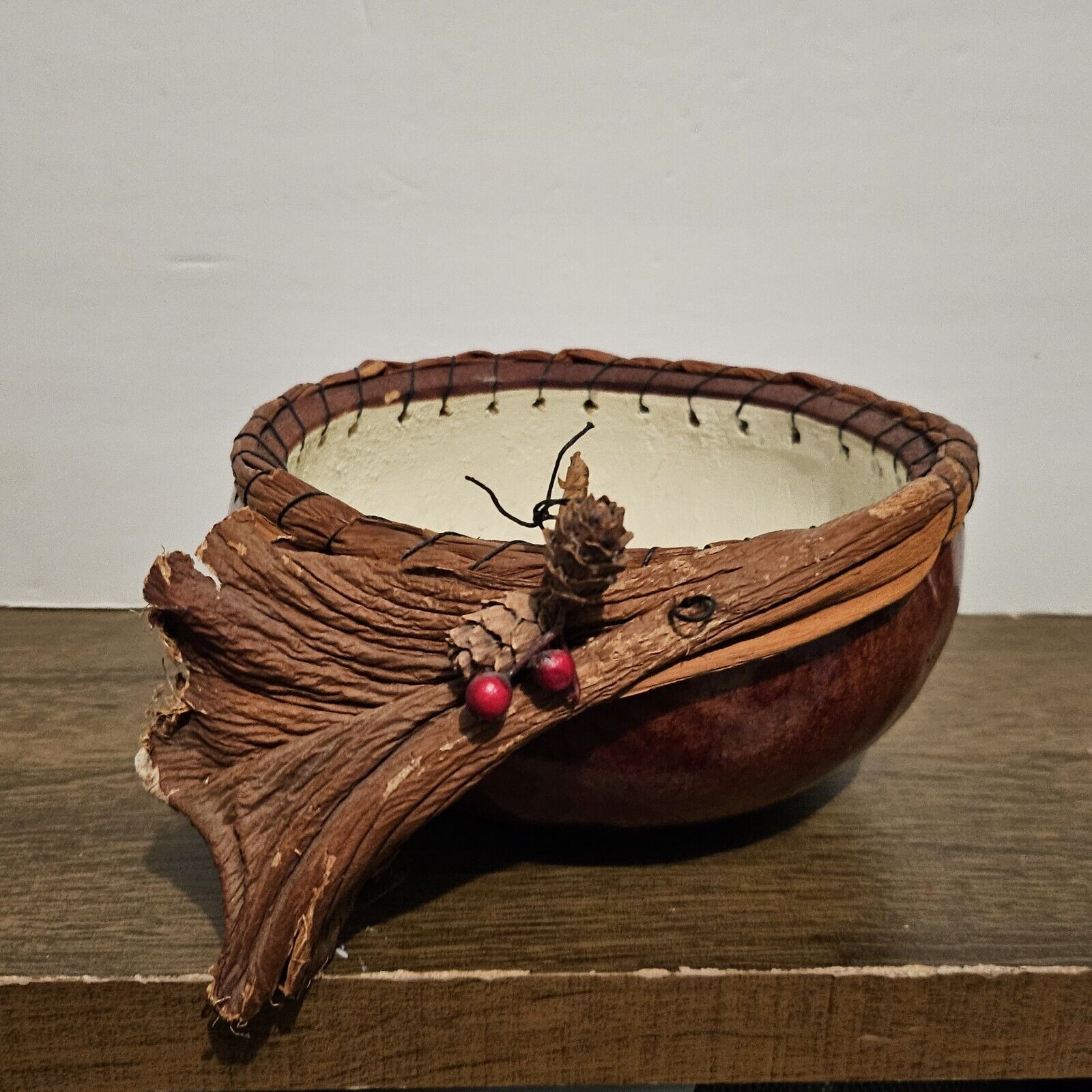 Vintage Native Handmade Gourd Basket Natural Color Weave Rim Larimar Stone Beads