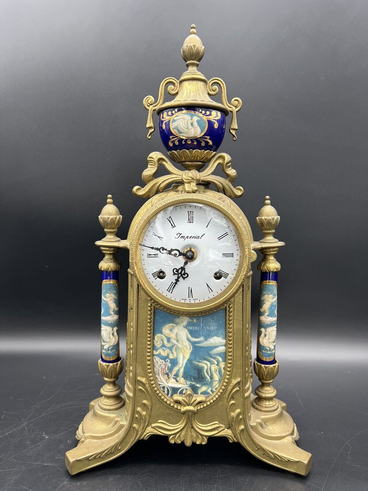 Vintage Ornate Imperial Italian Mantle Brass & Porcelain Clock Italian & German