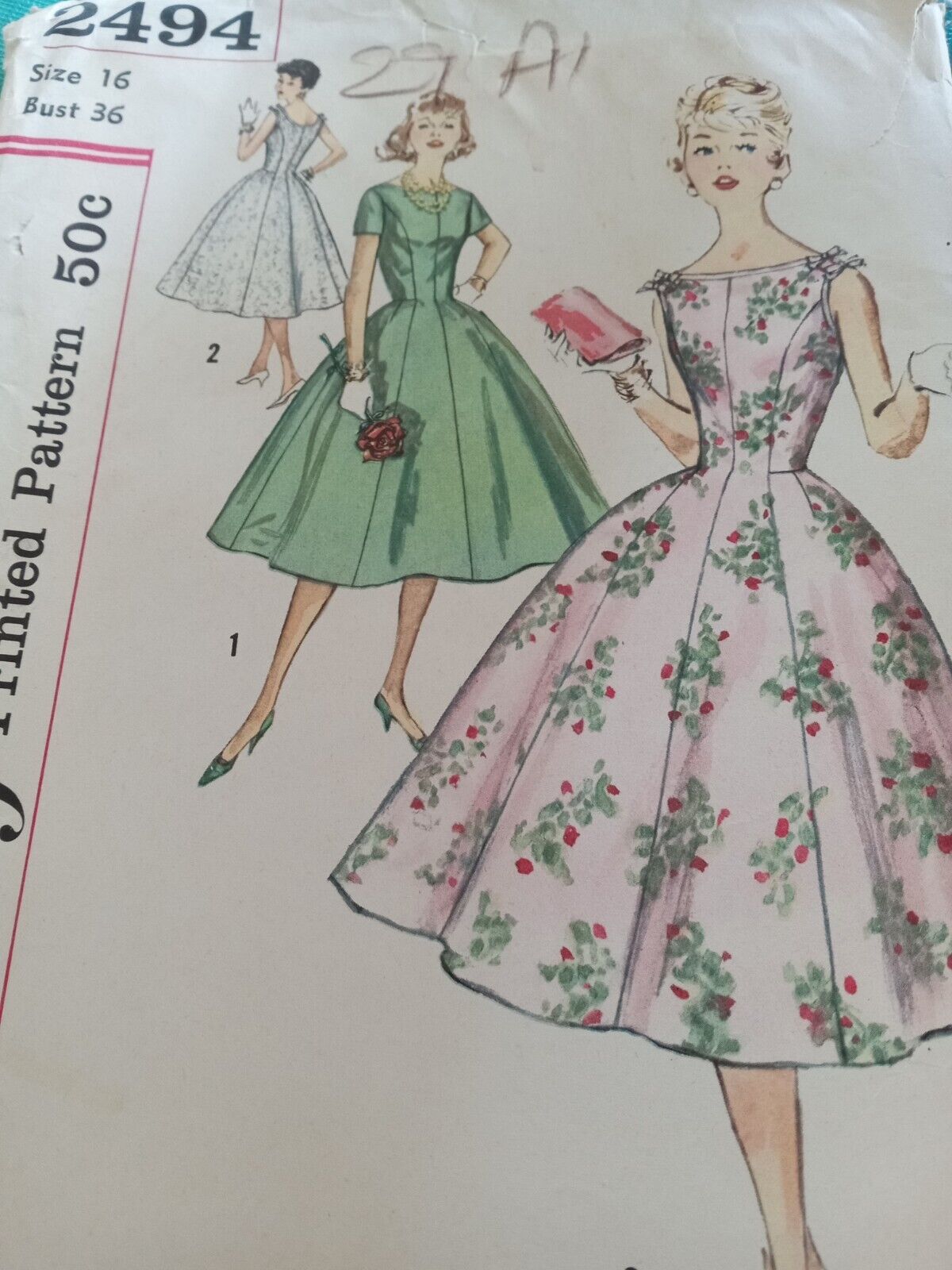Vintage 1958 Simplicity Pattern 2494 Sz 16 Jr/misses One-Piece Dress UNCUT/FF