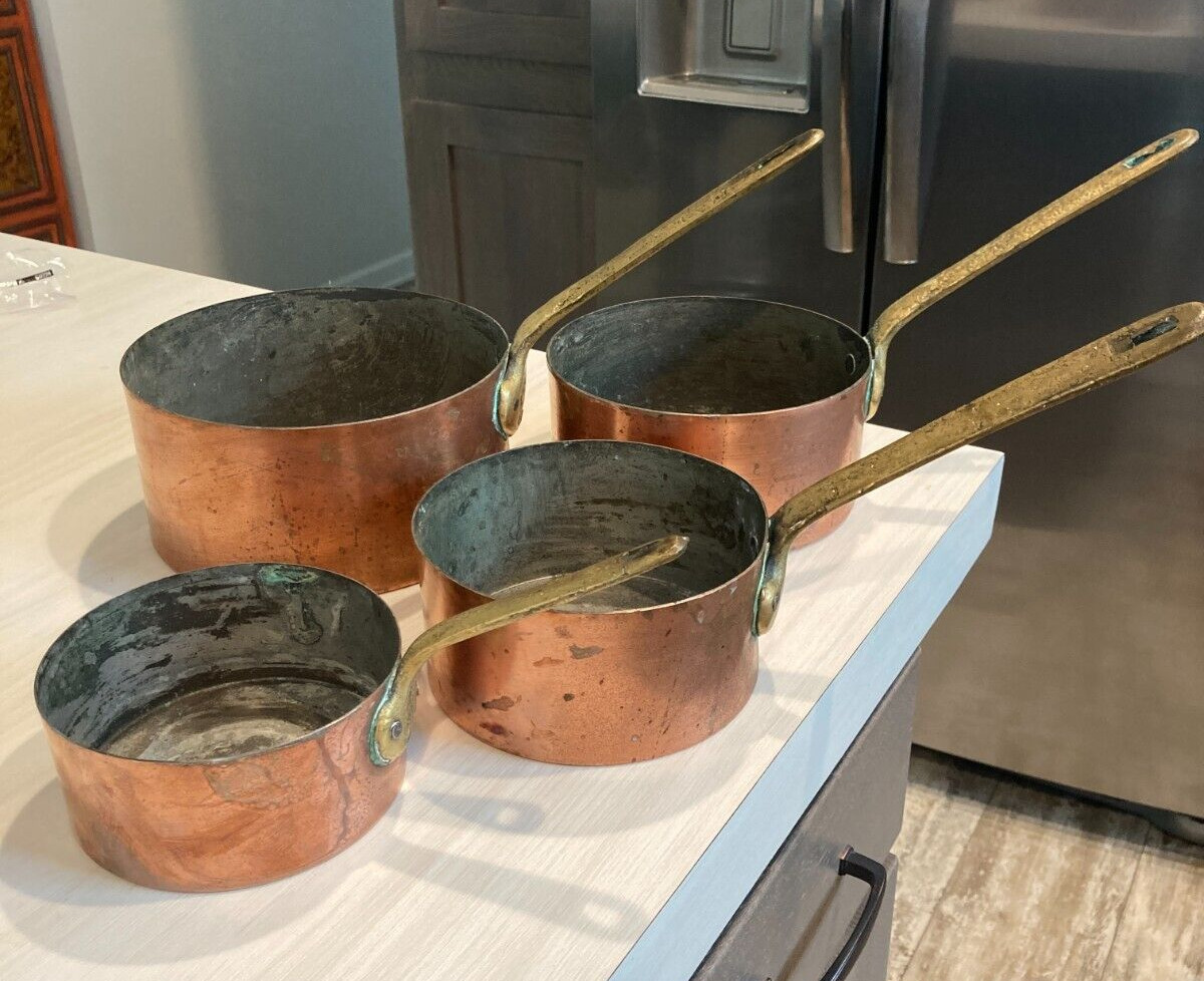 Set of 4 Antique Heavy Rustic Copper Pans, French?