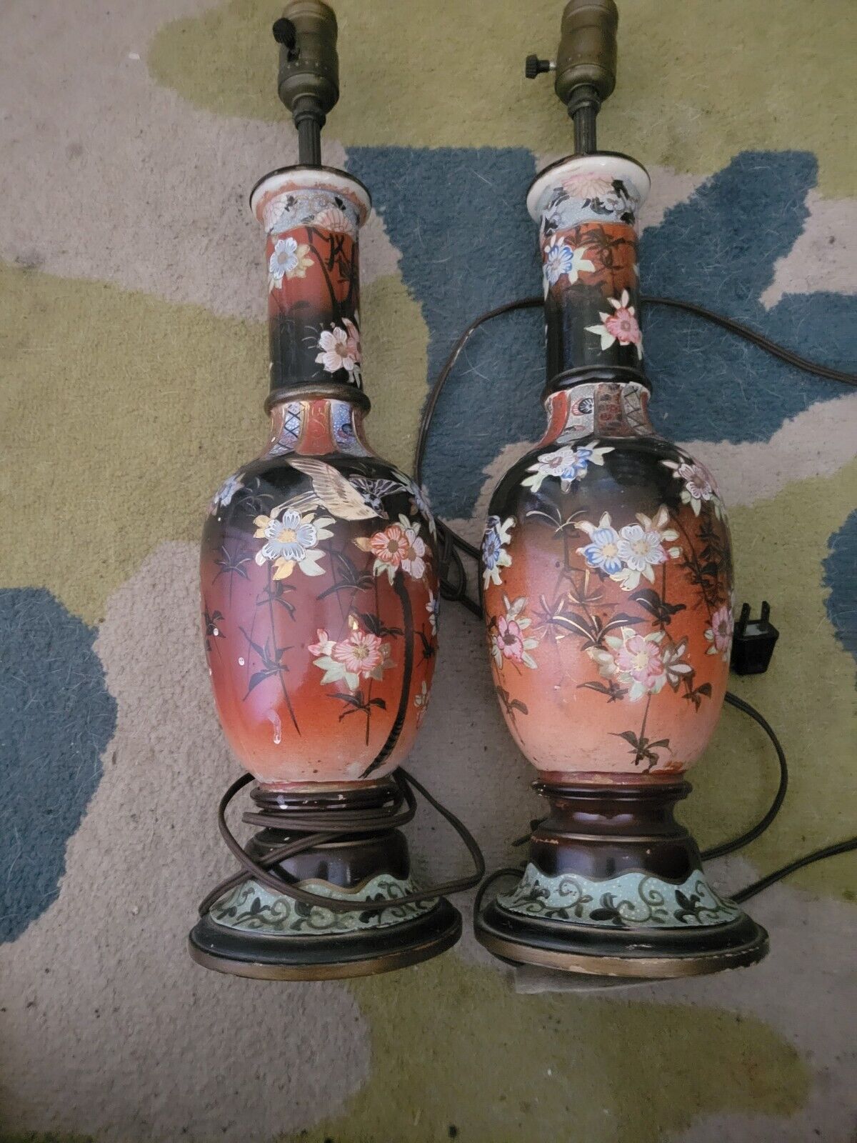 Pair of Antique Cloisonné Chinese Japanese Enamel Vintage Table Lamp