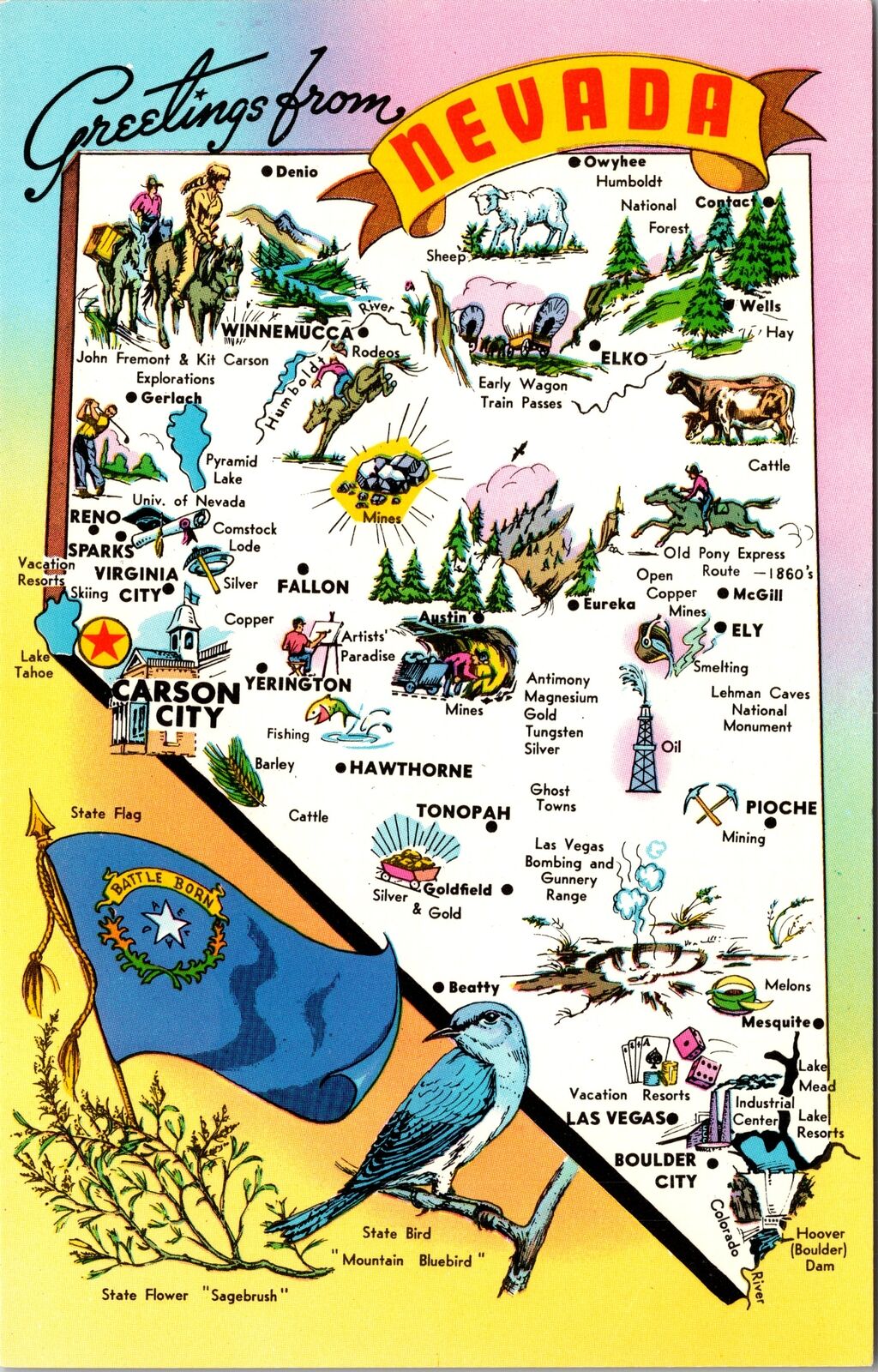NV-Nevada, Scenic Map Greetings Landmarks, Vintage Postcard