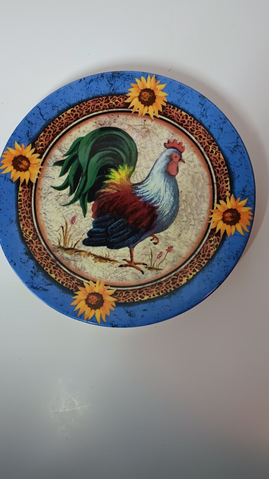 Decorative Plate 8in Painted Rooster And Sunflowers
