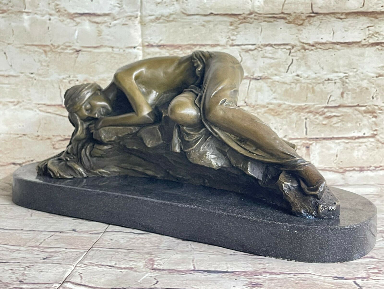 Signed Original Naked Lady Resting Bronze Sculpture Marble Base Statue Figure NR